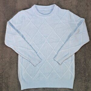 Mens Textured Diamond Knit Sweater Blue Crewneck Soft